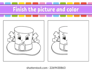 Finish the picture and color. cartoon character isolated on white background. For kids education. Activity worksheet. Vector illustration.