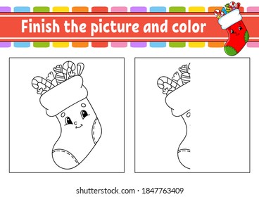 Finish the picture and color. Christmas theme. Cartoon character isolated on white background. For kids education. Activity worksheet.