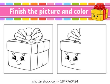 Finish the picture and color. Christmas theme. Cartoon character isolated on white background. For kids education. Activity worksheet.
