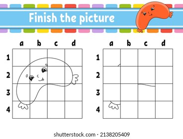 Finish the picture. Coloring book pages for kids. Education developing worksheet. Game for children. Handwriting practice. cartoon character. Vector illustration. Barbecue theme.