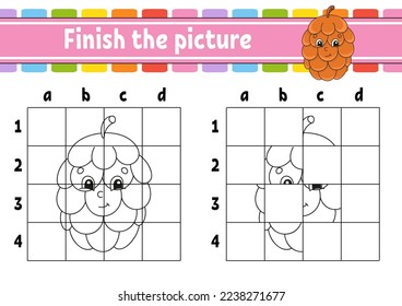 Finish the picture. Coloring book pages for kids. Education developing worksheet. Game for children. Handwriting practice. cartoon character. Vector illustration.