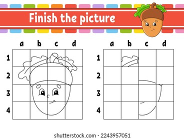 Finish the picture. Coloring book pages for kids. Education developing worksheet. Game for children. Handwriting practice. cartoon character. Vector illustration.