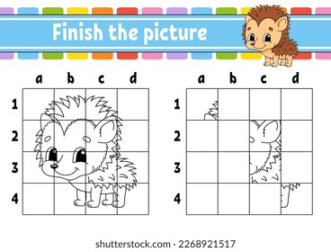 Finish the picture. Coloring book pages for kids. Education developing worksheet. Game for children. Handwriting practice. cartoon character. Vector illustration.
