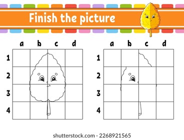Finish the picture. Coloring book pages for kids. Education developing worksheet. Game for children. Handwriting practice. cartoon character. Vector illustration.