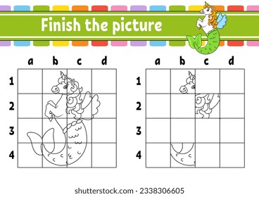 Finish the picture. Coloring book pages for kids. Education developing worksheet. Game for children. Handwriting practice. cartoon character. Vector illustration.