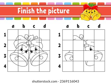 Finish the picture. Coloring book pages for kids. Education developing worksheet. Game for children. Handwriting practice. cartoon character. Vector illustration.