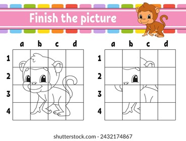 Finish the picture. Coloring book pages for kids. Education developing worksheet. Game for children. Handwriting practice. cartoon character. Vector illustration.