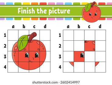 Finish the picture. Education developing worksheet. Game for children. Handwriting practice. cartoon character. Vector illustration.
