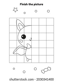 Finish the picture. Educational drawing game for preschool and kindergarten children. Cute cartoon kawaii bat. Halloween activity worksheet. Vector illustration.