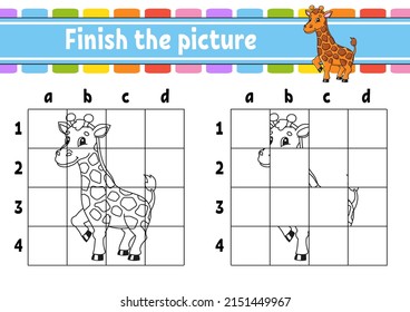 Finish the picture. Giraffe animal. Coloring book pages for kids. Education developing worksheet. Game for children. Handwriting practice. Coon character. Vector illustration.