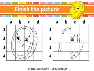 Finish the picture. Gold coin. Coloring book pages for kids. Education developing worksheet. Game for children. Handwriting practice. Cartoon character. Vector illustration.