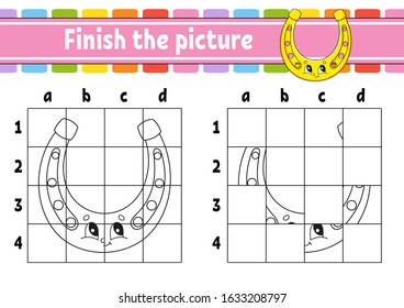 Finish the picture. Golden horseshoe. Coloring book pages for kids. Education developing worksheet. Game for children. Handwriting practice. Cartoon character. Vector illustration.