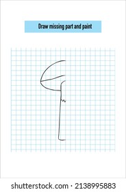 Finish the picture of mushroom linear. draw a mirror image and paint. Complete the picture. an educational game for children. Ready for print A4