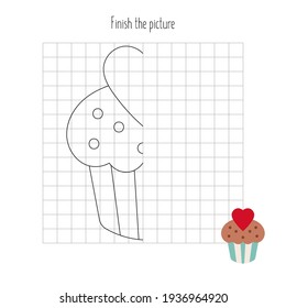 Finish The Picture Sweet Cupcake. Logic Games For Kids. Coloring Page. Vector Illustration. Worksheet For Education.