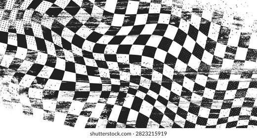 Finish racing flag pattern with checkered design and grunge scratched texture, realistic vector background. Dynamic car race graffiti with bold black and white checker elements for sport event banner