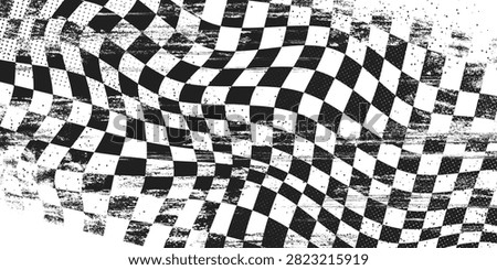 Finish racing flag pattern with checkered design and grunge scratched texture, realistic vector background. Dynamic car race graffiti with bold black and white checker elements for sport event banner