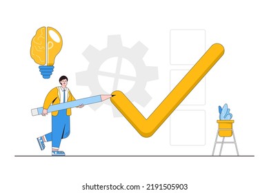 Finish several task with single action, efficiency to success, and hitting many goals with low effort concepts. Smart businessman create big check signs using pencil to complete multiple job at once.