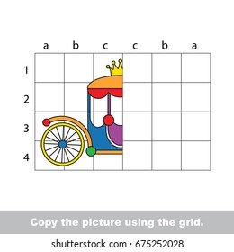 Finish the simmetry horizontal picture using grid sells  vector kid educational game for preschool kids  the drawing tutorial and easy gaming level for half Princess Colorful chariot