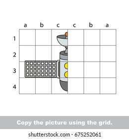 Finish the simmetry horizontal picture using grid sells, vector kid educational game for preschool kids, the drawing tutorial with easy gaming level for half of Space Station