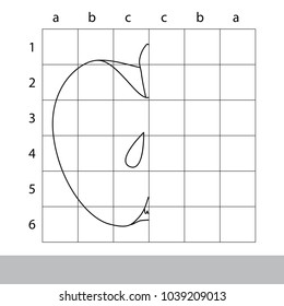 Finish the simmetry picture using grid sells, vector kid educational game for preschool kids, the drawing tutorial with easy gaming level for half of apple