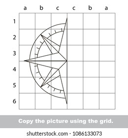 Finish The Simmetry Picture Using Grid Sells, Vector Kid Educational Game For Preschool Kids, The Drawing Tutorial With Easy Gaming Level For Half Of Vintage Compass