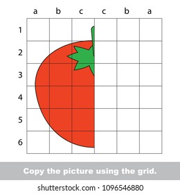 Finish the simmetry picture using grid sells, vector kid educational game for preschool kids, the drawing tutorial with easy gaming level for half of Red ripe tomato