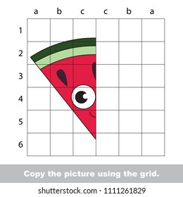 Finish the simmetry picture using grid sells, vector kid educational game for preschool kids, the drawing tutorial with easy gaming level for half of Funny Watermelon
