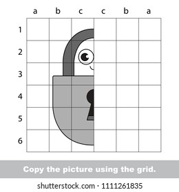 Finish the simmetry picture using grid sells, vector kid educational game for preschool kids, the drawing tutorial with easy gaming level for half of Funny Metal Padlock