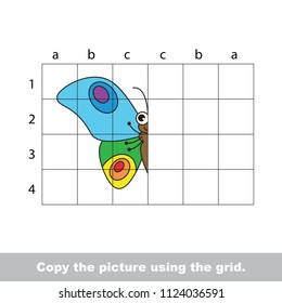 Finish the simmetry picture using grid sells, vector kid educational game for preschool kids, the drawing tutorial with easy gaming level for half of Butterfly Rainbow