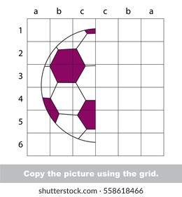 Finish the simmetry picture using grid sells, vector kid educational game for preschool kids, the drawing tutorial with easy game level for half of Football Ball.