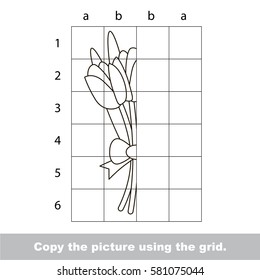 Finish the simmetry picture using grid sells, vector kid educational game for preschool kids, the drawing tutorial with easy gaming level for half of Tulip Bouquet
