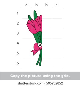 Finish the simmetry picture using grid sells, vector kid educational game for preschool kids, the drawing tutorial with easy gaming level for half of Tulip Bouquet.