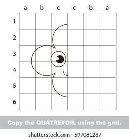 Finish the simmetry picture using grid sells, vector kid educational game for preschool kids, the drawing tutorial with easy gaming level for half of geometric shape Funny Quatrefoil