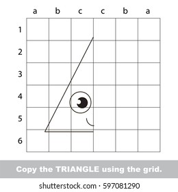 Finish the simmetry picture using grid sells, vector kid educational game for preschool kids, the drawing tutorial with easy gaming level for half of geometric shape Funny Triangle