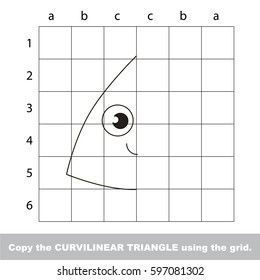 Finish the simmetry picture using grid sells, vector kid educational game for preschool kids, the drawing tutorial with easy gaming level for half of geometric shape Funny Curvilinear Triangle