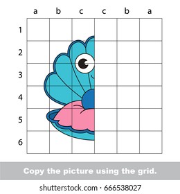 Finish the simmetry picture using grid sells, vector kid educational game for preschool kids, the drawing tutorial with easy gaming level for half of Oyster Seashell