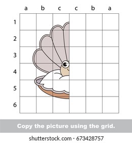 Finish the simmetry picture using grid sells, vector kid educational game for preschool kids, the drawing tutorial with easy gaming level for half of Funny Pearl with Oyster