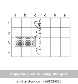 Finish the simmetry picture using grid sells, vector kid educational game for preschool kids, the drawing tutorial with easy gaming level for half of Funny Space Station