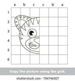 Finish the simmetry picture using grid sells, vector kid educational game for preschool kids, the drawing tutorial with easy gaming level for half of Funny Tiger Face