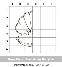 Finish the simmetry picture using grid sells, vector kid educational game for preschool kids, the drawing tutorial with easy gaming level for half of Funny Pearl in Oyster