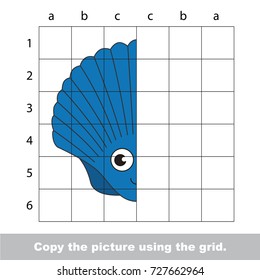 Finish the simmetry picture using grid sells, vector kid educational game for preschool kids, the drawing tutorial with easy gaming level for half of Funny Blue Seashell