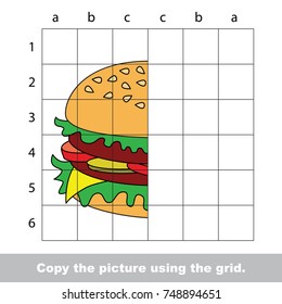 Finish the simmetry picture using grid sells, vector kid educational game for preschool kids, the drawing tutorial with easy gaming level for half of Hamburger