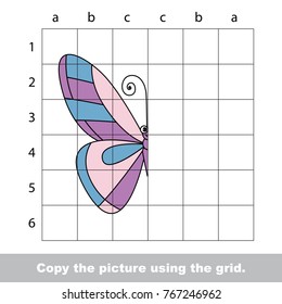 Finish the simmetry picture using grid sells, vector kid educational game for preschool kids, the drawing tutorial with easy gaming level for half of Butterfly