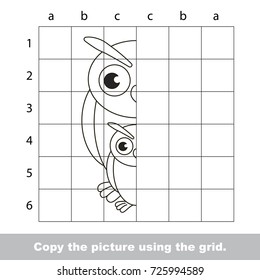 Finish the symmetric picture using grid sells, vector kid educational game for preschool kids, the drawing tutorial with easy gaming level for half of Funny Mother Owl and her Baby