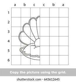 Finish the symmetry picture using grid sells, vector kid educational game for preschool kids, the drawing tutorial with easy gaming level for half of Oyster with Pearl