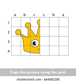Finish the symmetry picture using grid sells  vector kid educational game for preschool kids  the drawing tutorial and easy gaming level for half Funny Crown