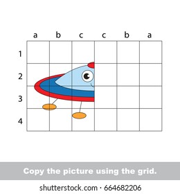 Finish the symmetry picture using grid sells, vector kid educational game for preschool kids, the drawing tutorial with easy gaming level for half of Funny UFO