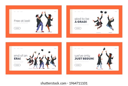 Finish University Education Landing Page Template Set. Characters Group in Graduation Gowns and Caps Rejoice, Jumping, Cheering Up Happy to Get Diploma Certificate. Cartoon People Vector Illustration