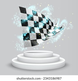 Finish, vector 3d flag on the podium surrounded by a whirlwind of magical radiance
