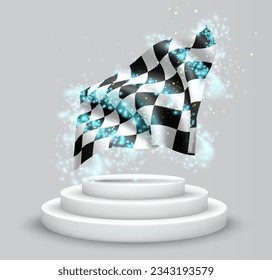 Finish, vector 3d flag on the podium surrounded by a whirlwind of magical radiance